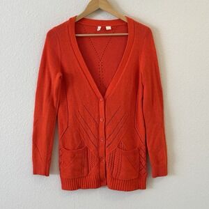 Anthropologie Moth Orange Pointelle Button Up Cardigan Sweater Size‎ S Preppy
